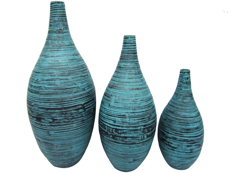 Ultimate Coiled Bamboo Vase Set of 3 - Blue Washed Eco-Friendly Accent